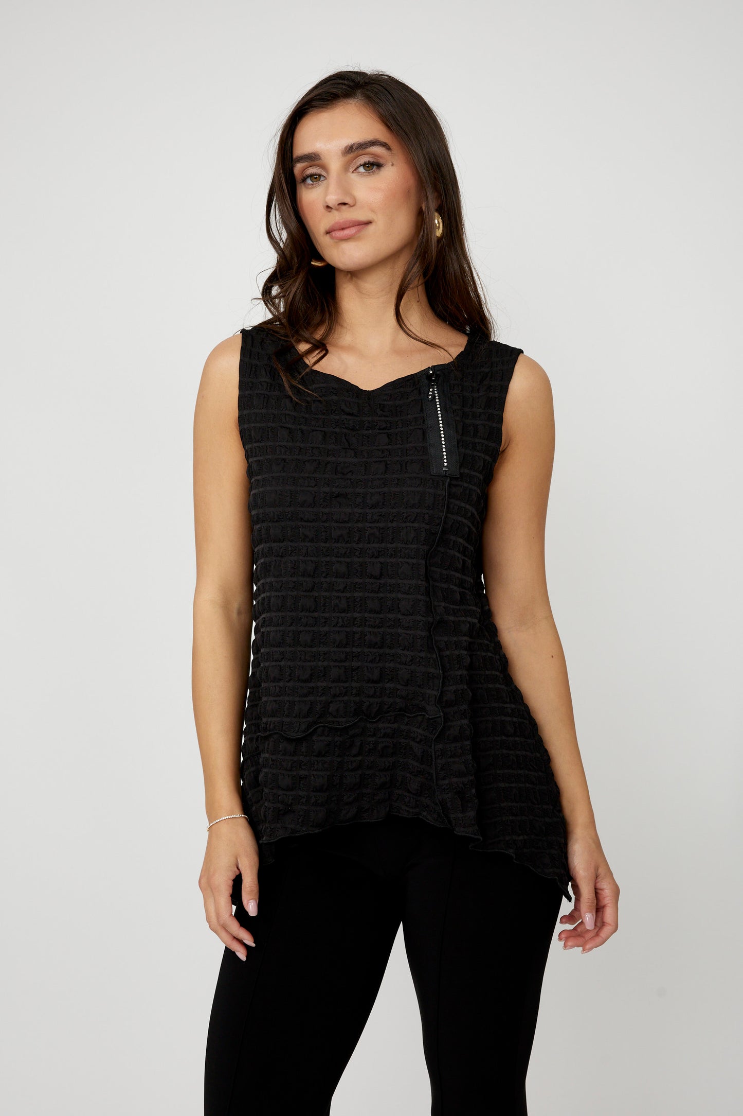 Tank textured with bling faux zipper accent
