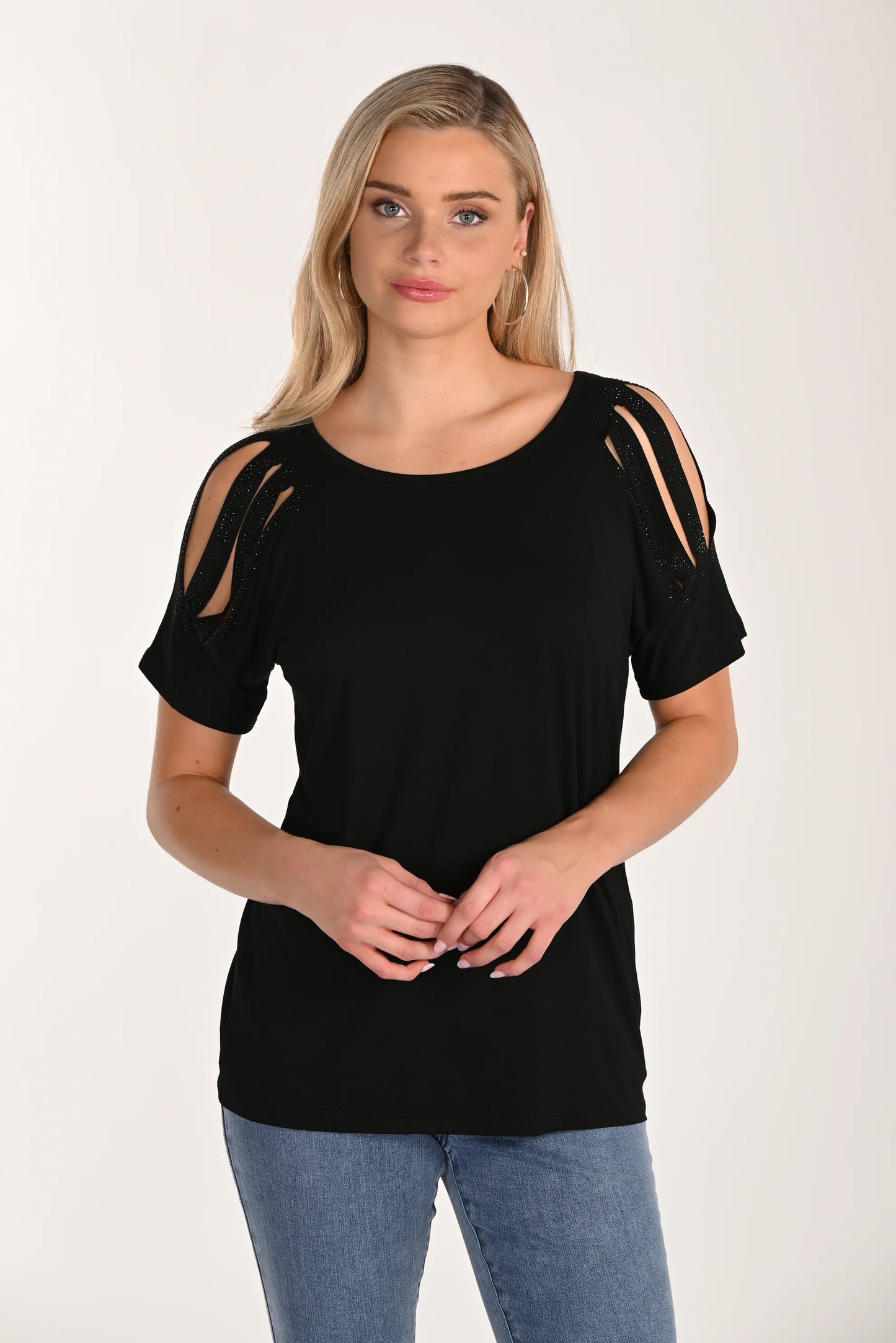 Knit black short sleeve with slits on shoulder 266522 Frank Lyman