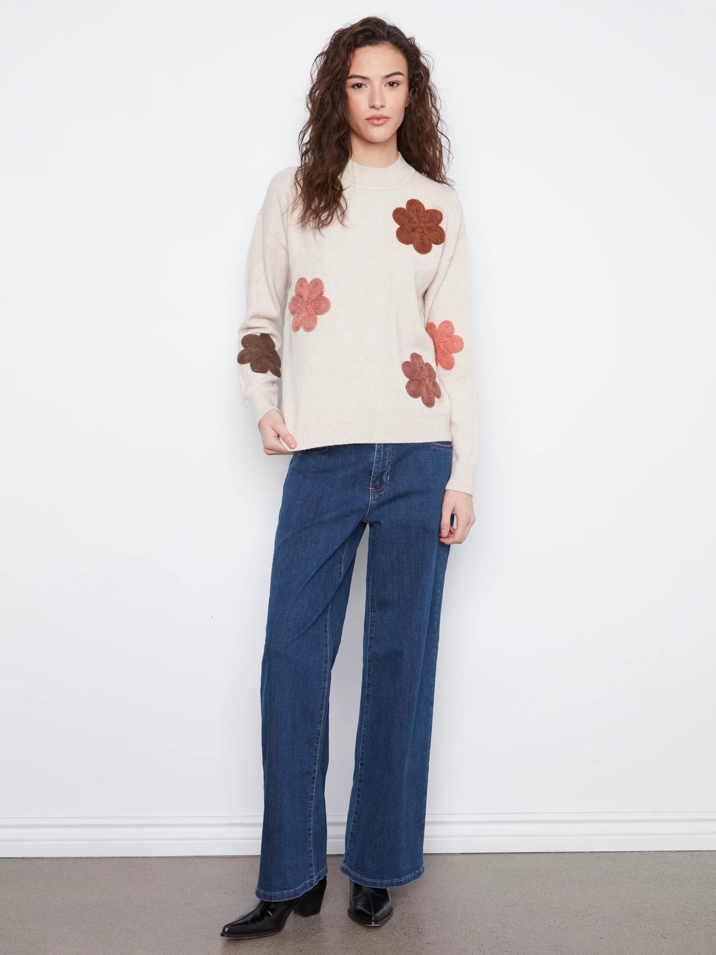Long Sleeve Flower Applique Sweater C2012-736A ALMOND