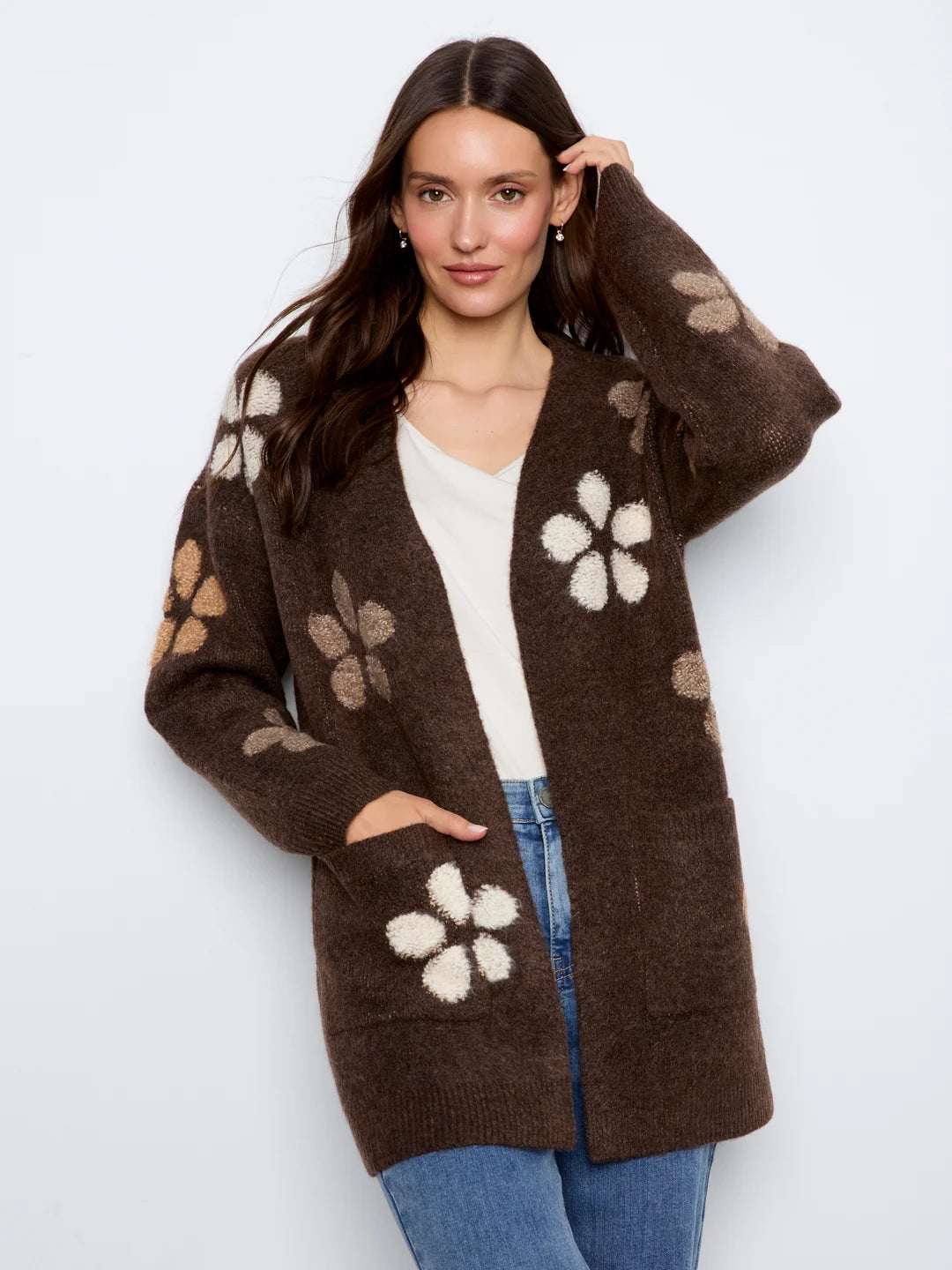 Flower Boucle Long Sleeve Cardigan C2029-P259 Heather Cocoa
