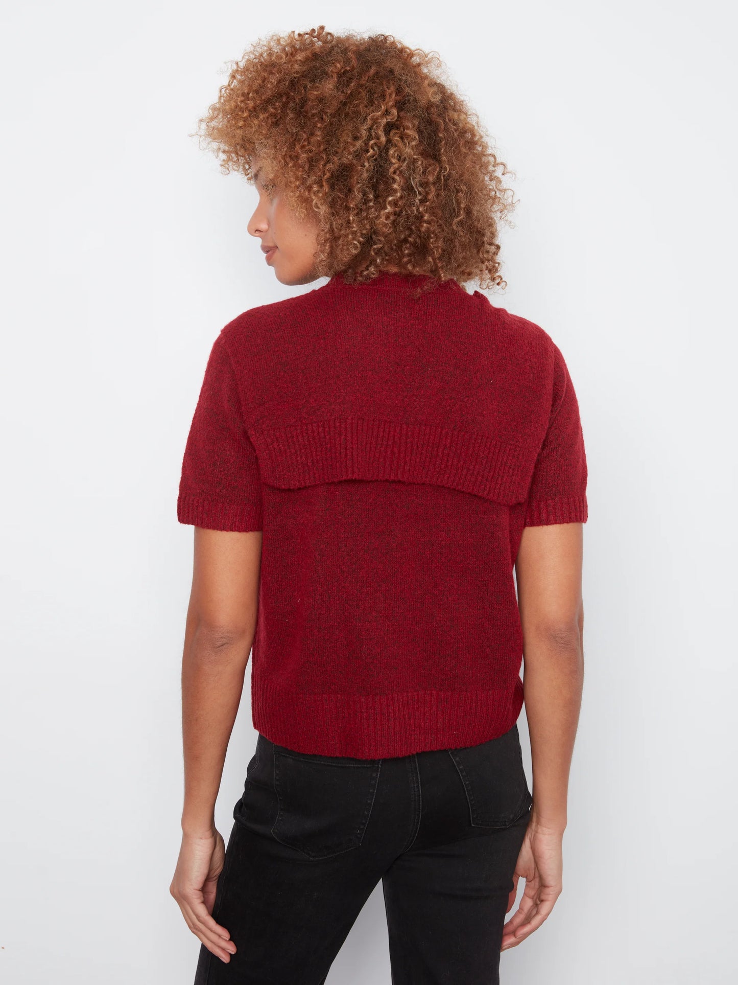 Short Sleeve Crew Neck Sweater With Combined Sleeves Detail C2069/690C CRANBERRY