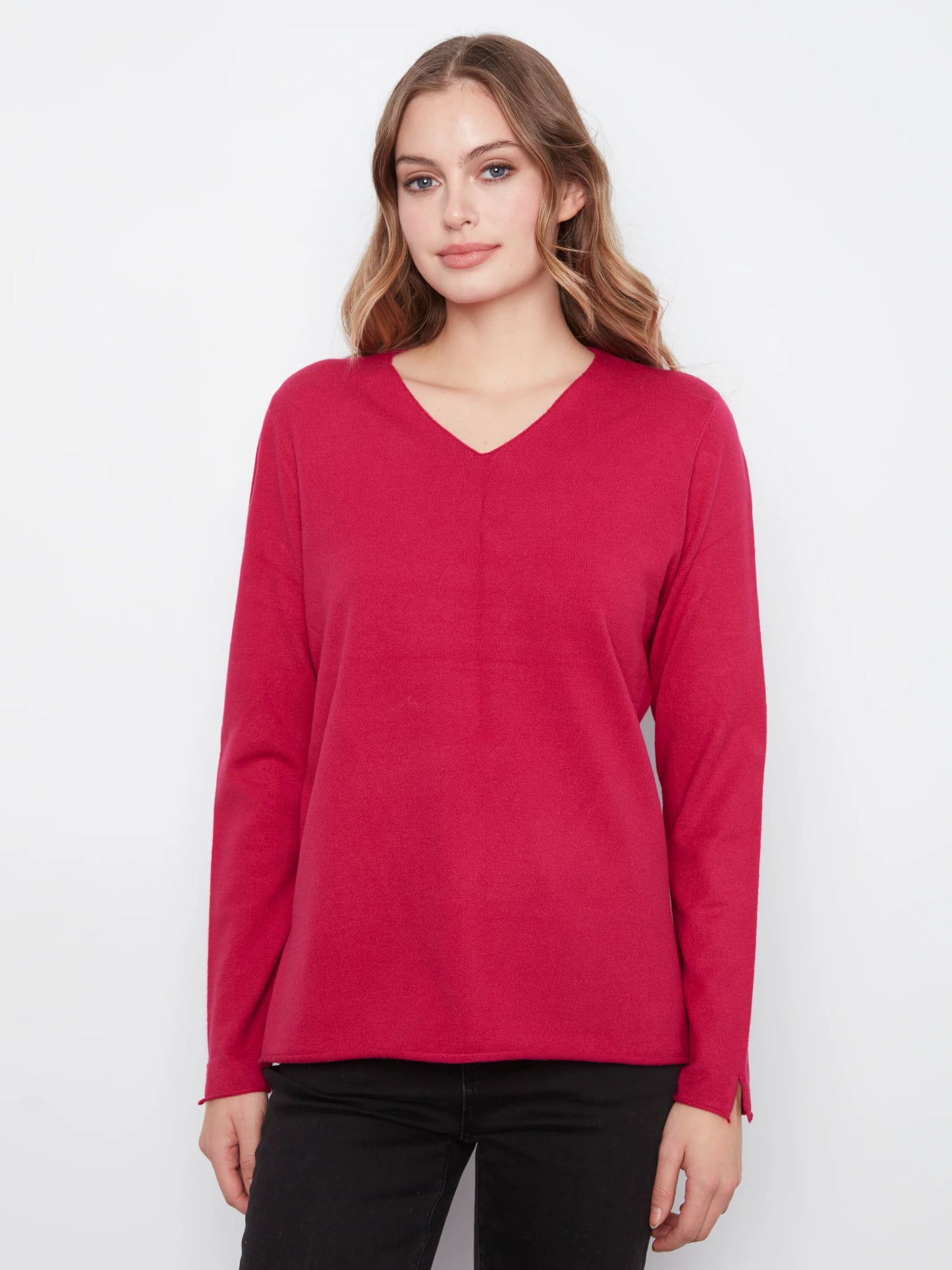 Long Sleeve V Neck Sweater C2279RPR-464A CHERRY