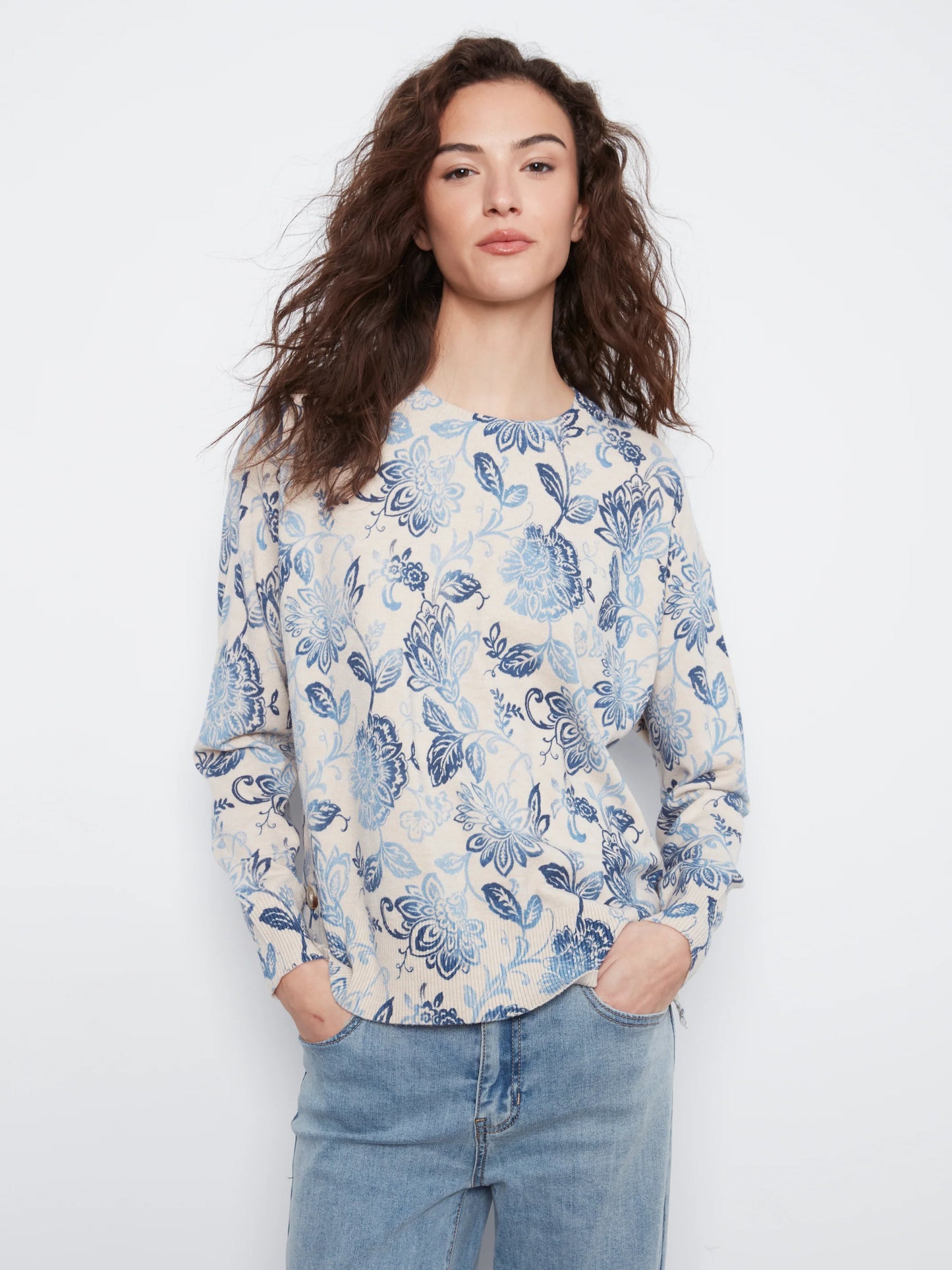 Long Sleeve Crew Neck Printed Sweater With Side Buttons Detail C2668PP/464A