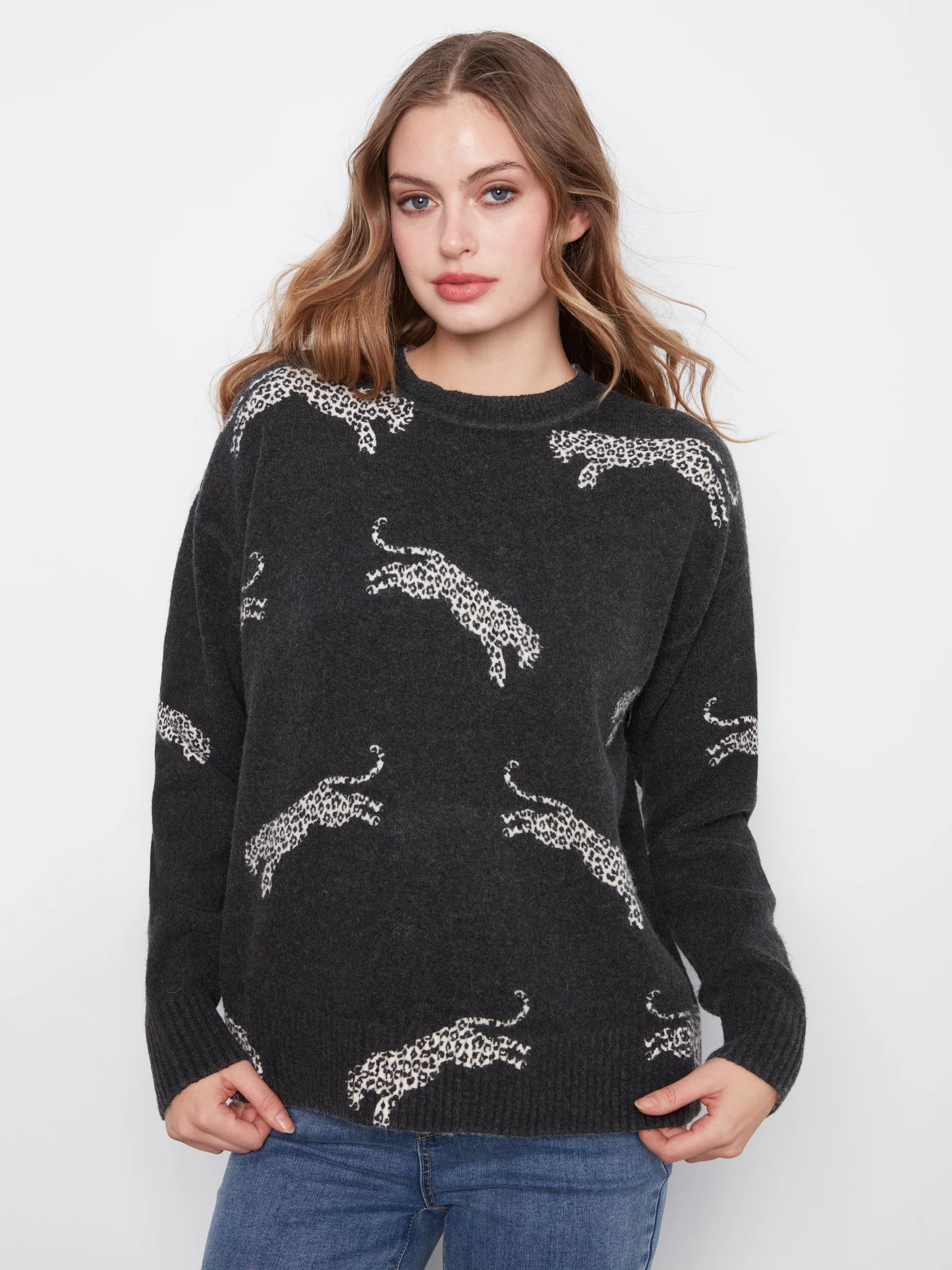 Long Sleeve Drop Shoulder Crew Neck Leopard Printed Sweater C2906R-918A