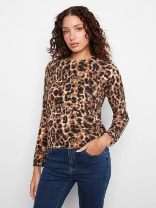 Leopard Print Fuzzy Knit Crew Neck Sweater C2995P/452C