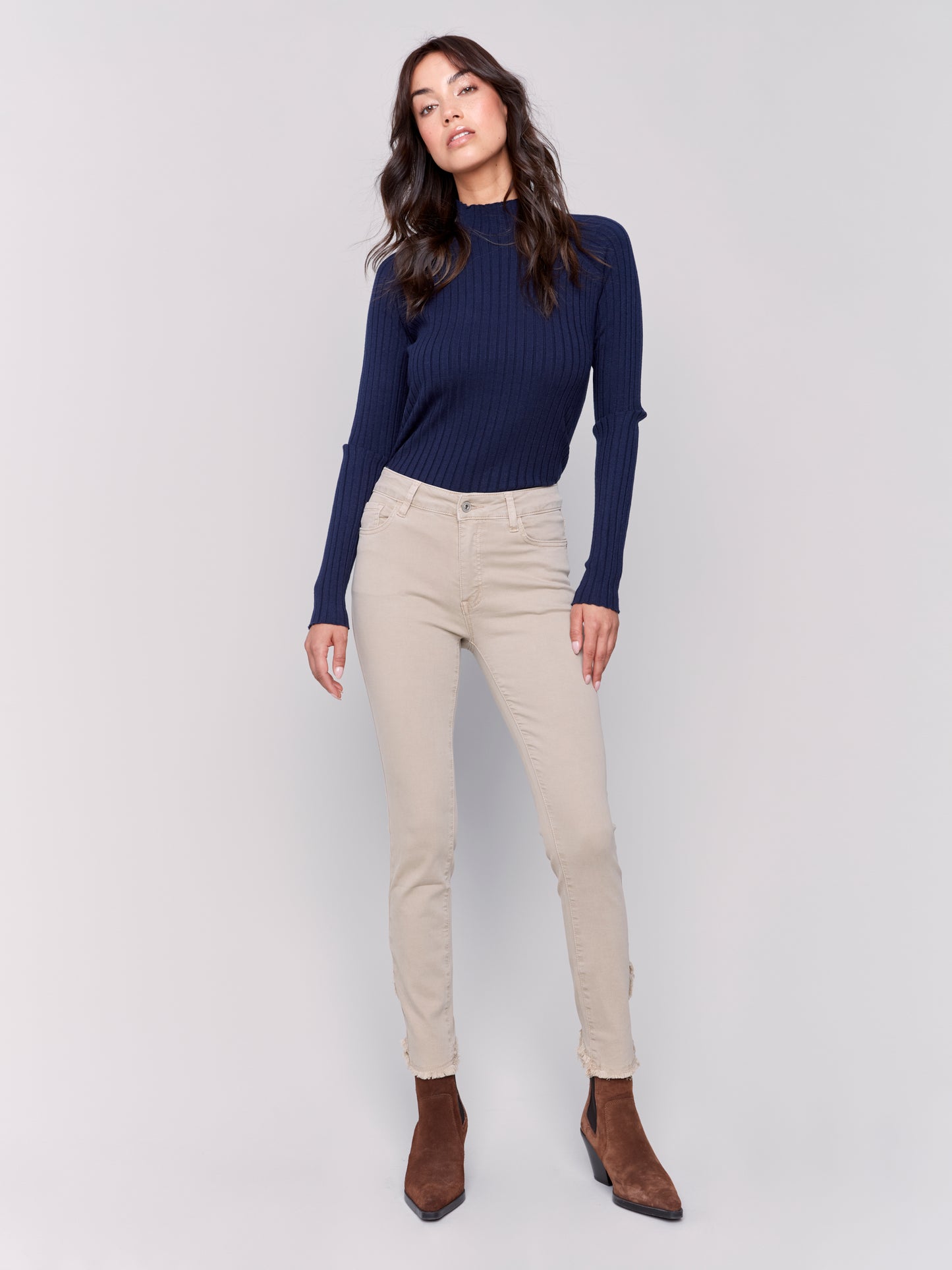 Slim Fit Twill Pants with Frayed Tulip Hem