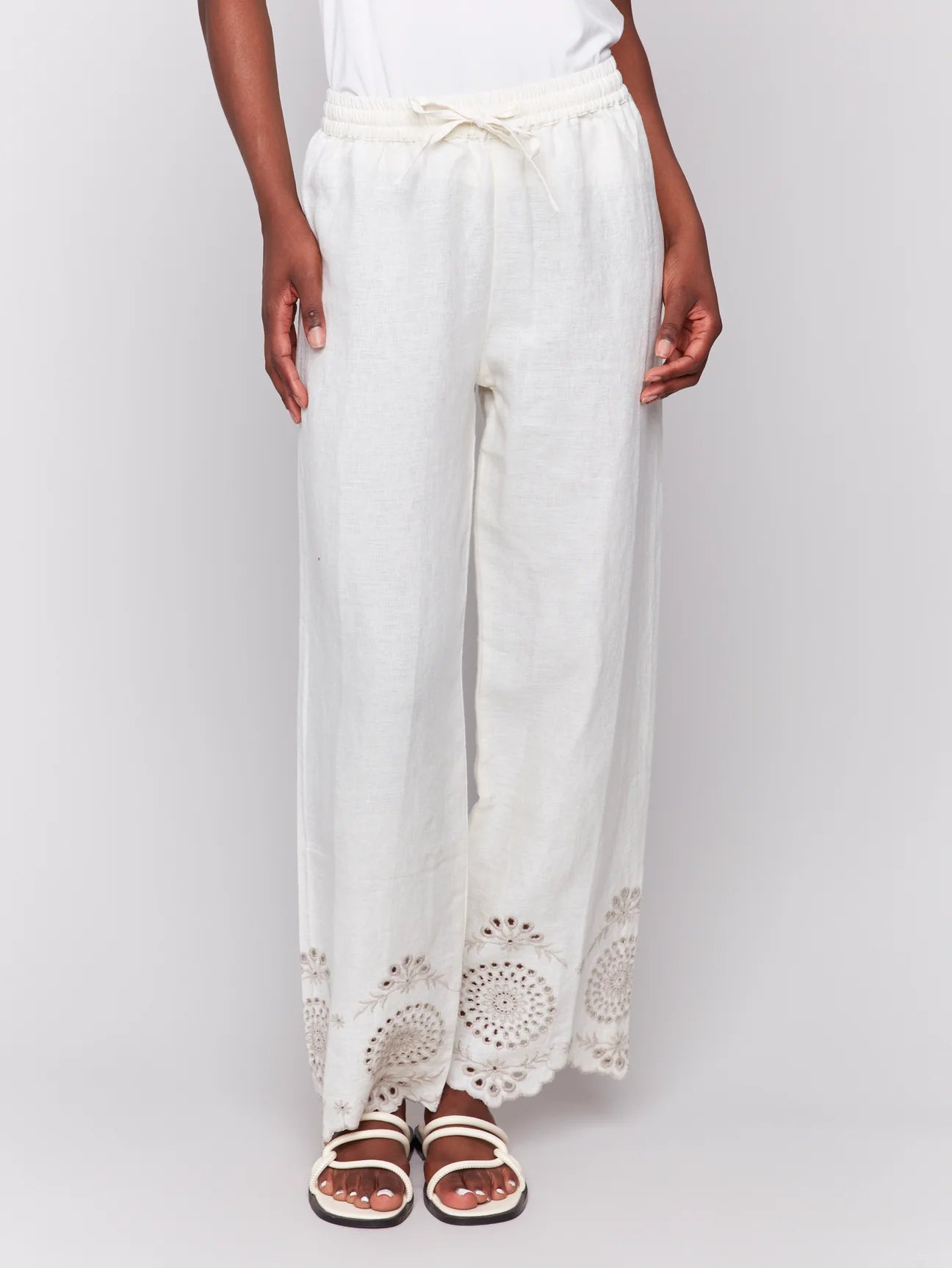 PULL-ON LINEN PANTS WITH EYELET EMBROIDERY