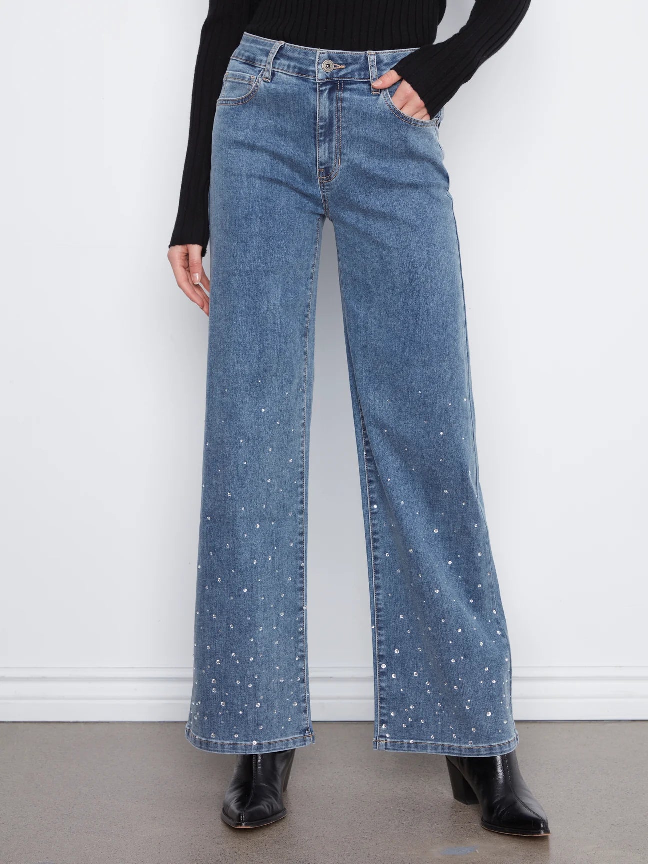 Wide Leg Stretch Denim Pants W/Hem Rhinestones C5853/431