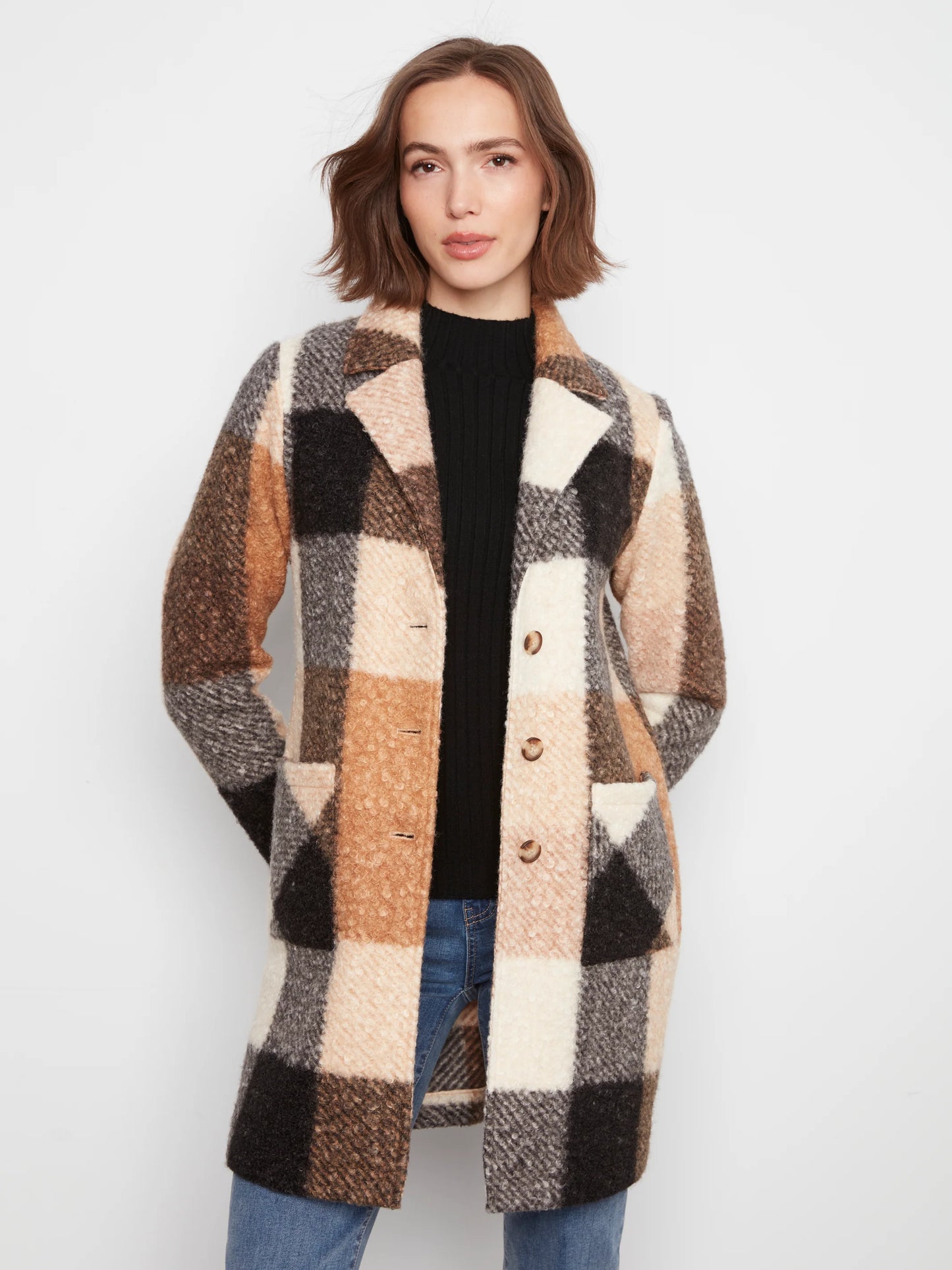 Plaid Boucle Knit Tailored Collar Coat C6141ZR/707B