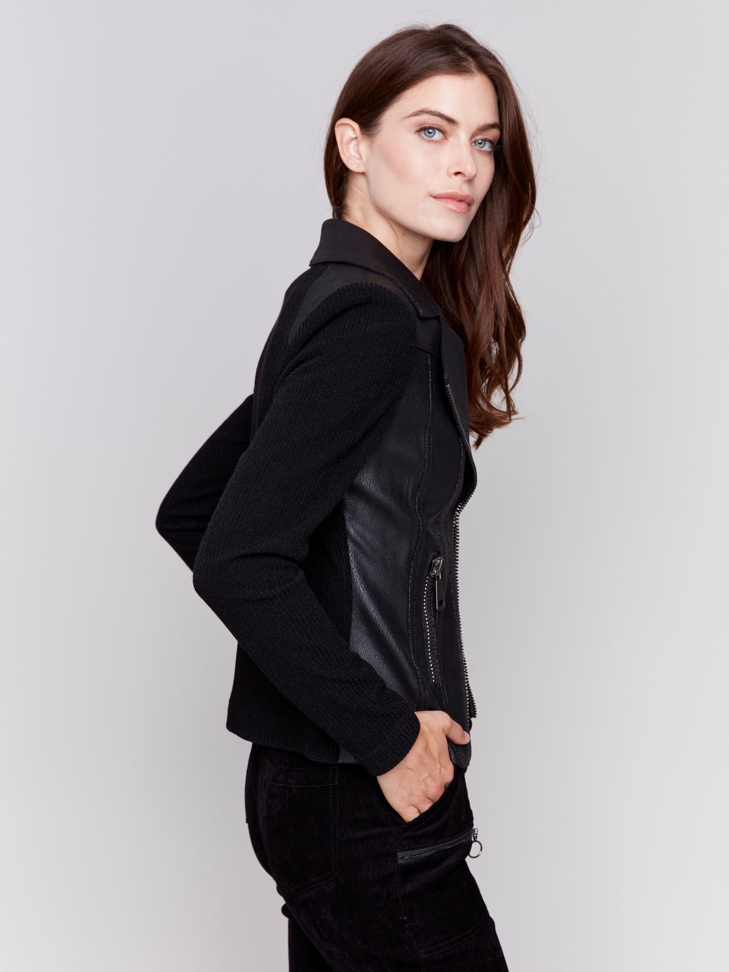 Vintage Faux Leather and Rib Knit Jacket