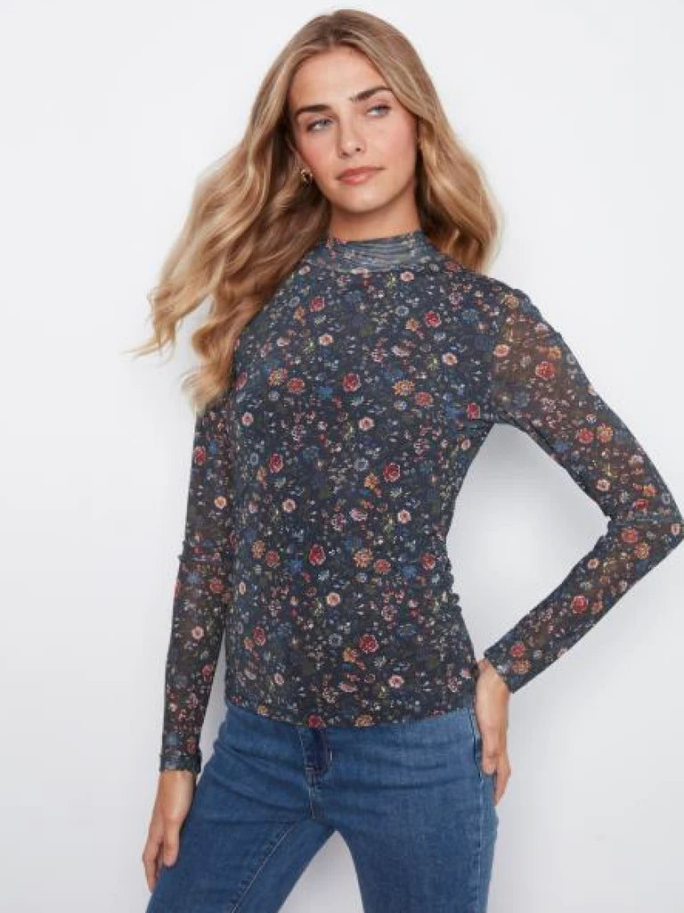 Printed Long Sleeve Mesh Mock Neck C1469PK-385 FLORAL