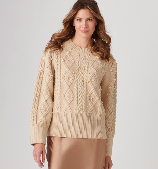 Pearl Knit Crew Neck Sweater, Beige