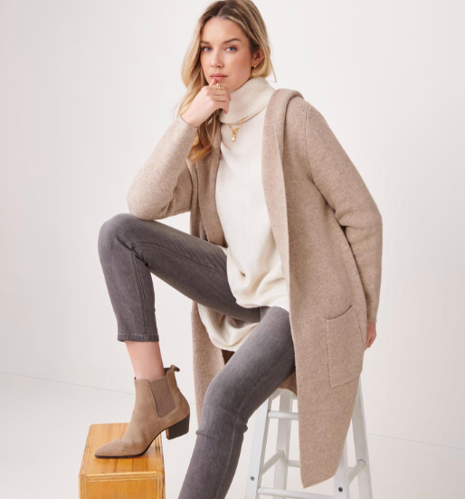 Hooded Knit Coat, Beige