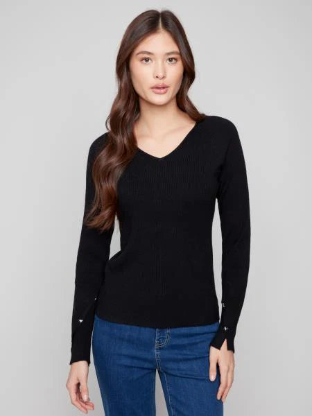 V neck ribbed sweater with gold heart accents C2860-77C