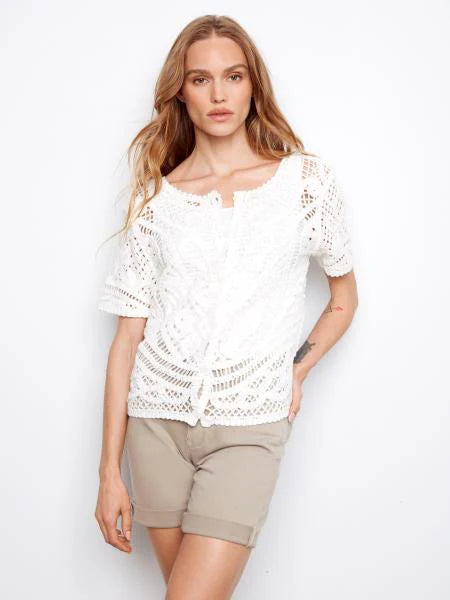 Buttoned Short sleeve Crochet Sweater Charlie B C2965-544C