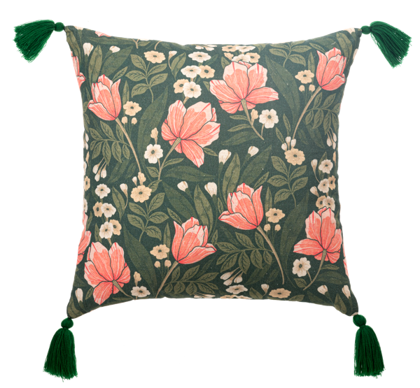 Green Floral Pattern Pillow with Tassels