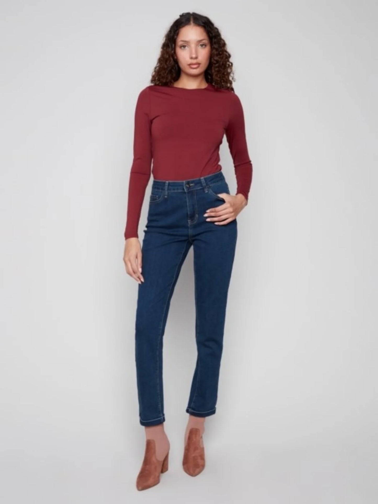 Charlie B Cuffed Hem Slim 5 Pocket Stretch Denim Pants C5309Y