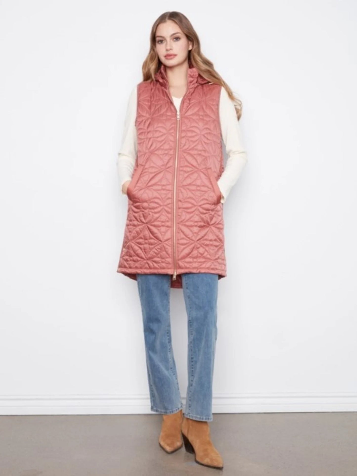 Charlie B Sleeveless Long Puffer Vest W/ Removable Hood C6426