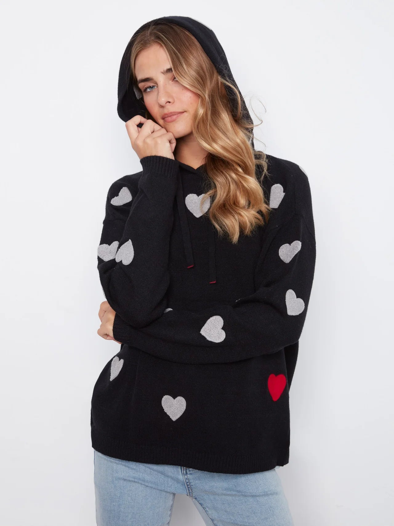Embroidered Hearts Hoodie Sweater C2436YR/736A - BLACK