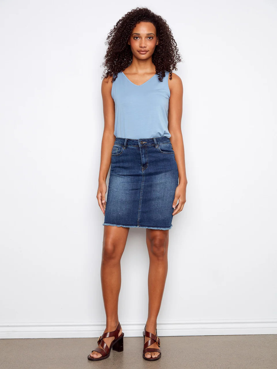 Stretch Denim Skort With Frayed Hem - INDIGO C7042TT-431A