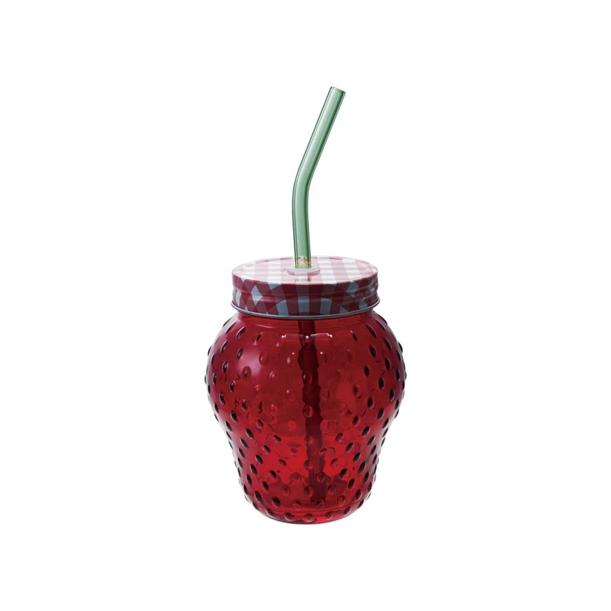 Strawberry Shaped Glass with Lid & GLASS STRAW