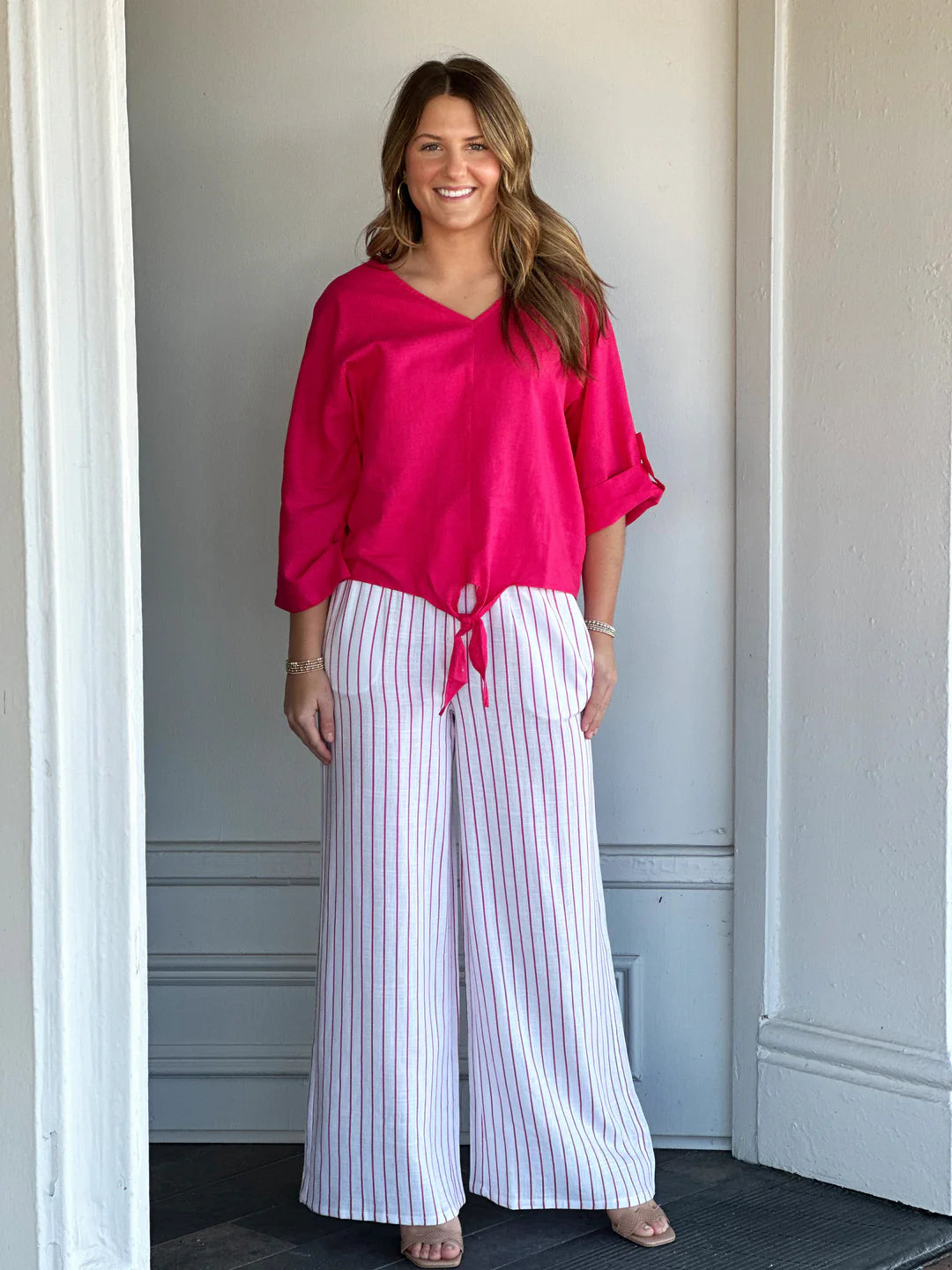 Pink Stripe White Pull On Pant