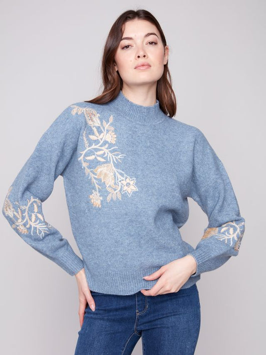 CHARLIE B C2856 MOCK-NECK SWEATER WITH SEQUINS DETAIL