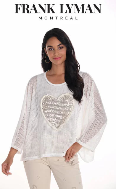 White Mesh Top with Pearl Heart and Sparkles