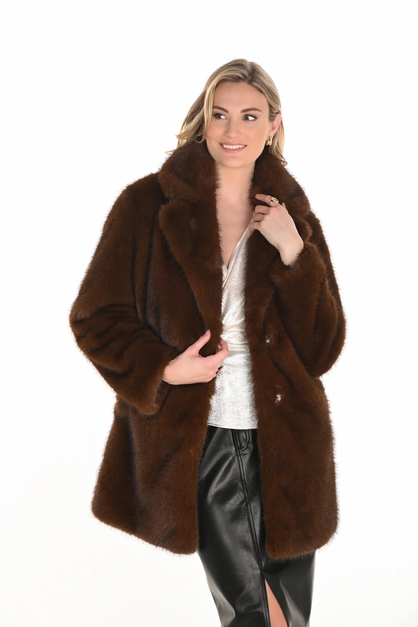 Frank Lyman Brown Faux Fur Open Front Coat Style 253836