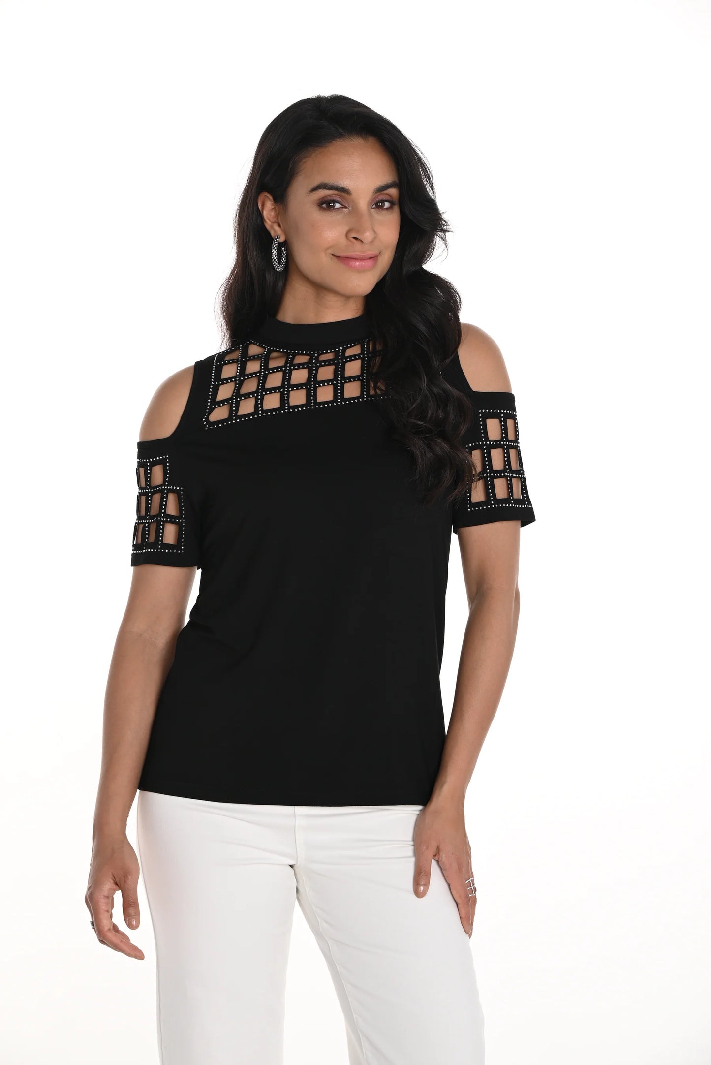 Knit cold shoulder with cutouts and embellishments 256711