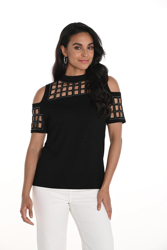 Knit cold shoulder with cutouts and embellishments 256711