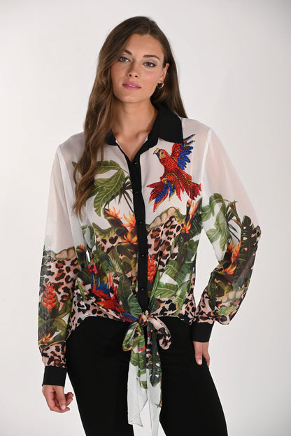 Leopard Print Front Tie Blouse w Beaded Parrot Frank Lyman 261617