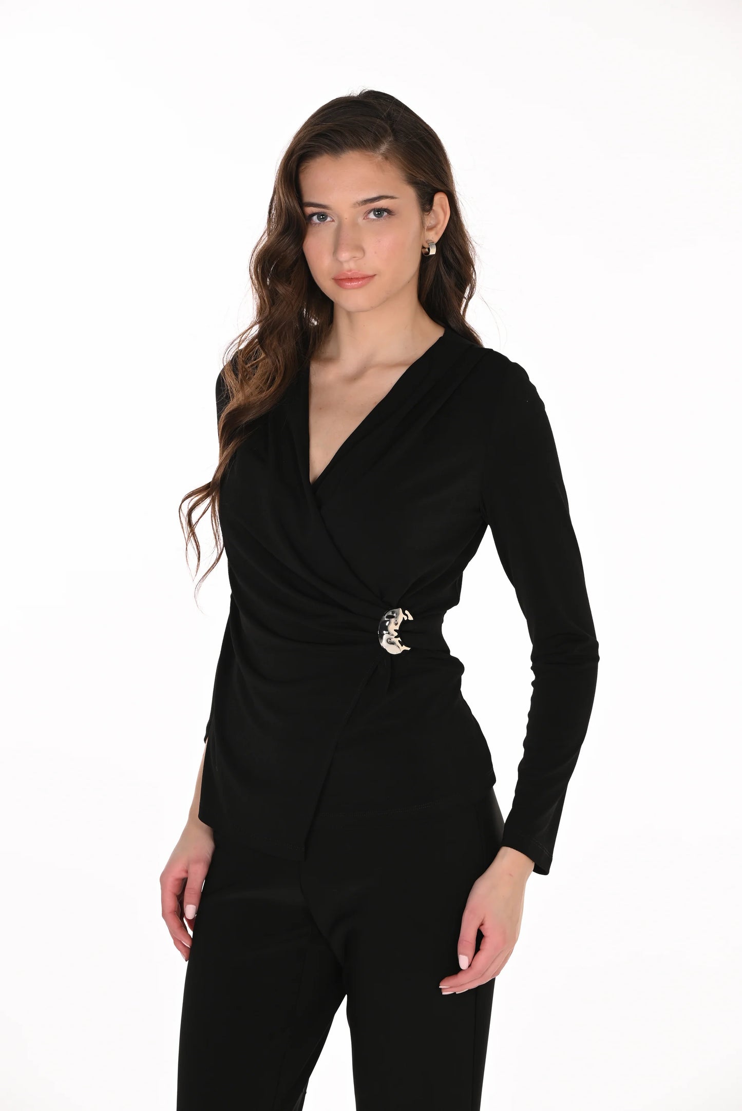 V neck mock wrap top with silver accent 263303