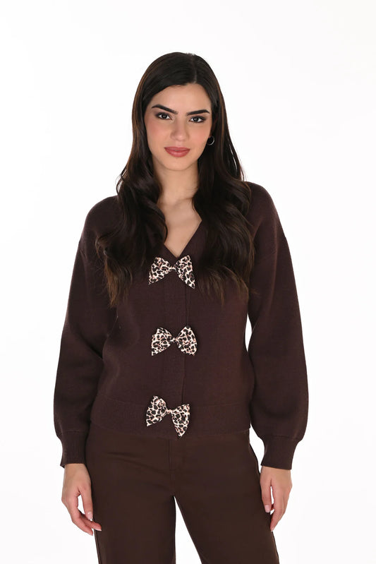 Sweater Knit Cardigan with Bow Accents Style 263804
