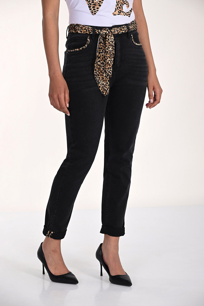 Black denim with leopard trim and matching belt 266506