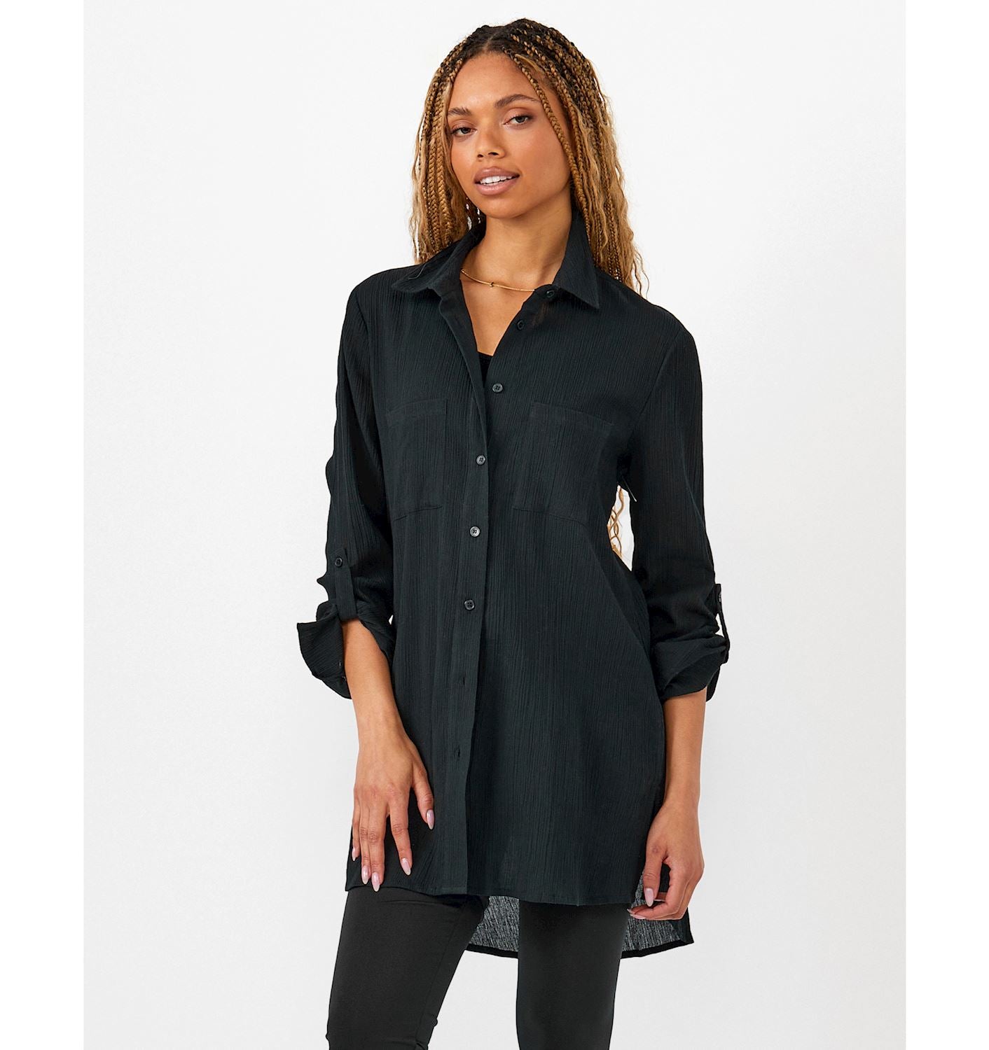 Crinkled Button Down Shirt, Black
