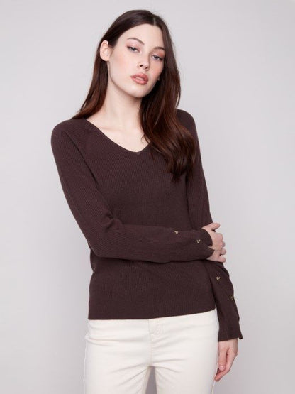 V neck ribbed sweater with gold heart accents C2860-77C