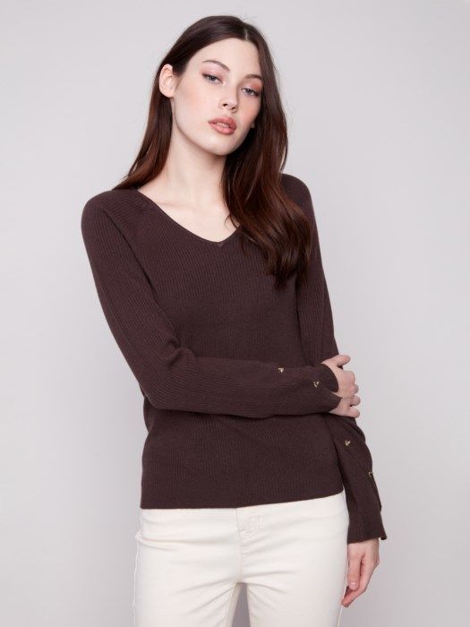 V neck ribbed sweater with gold heart accents C2860-77C
