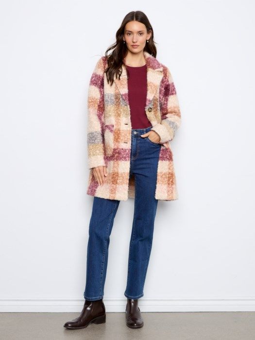 CHARLIE B C6141ZR PLAID BOUCLE KNIT COAT- GINGER
