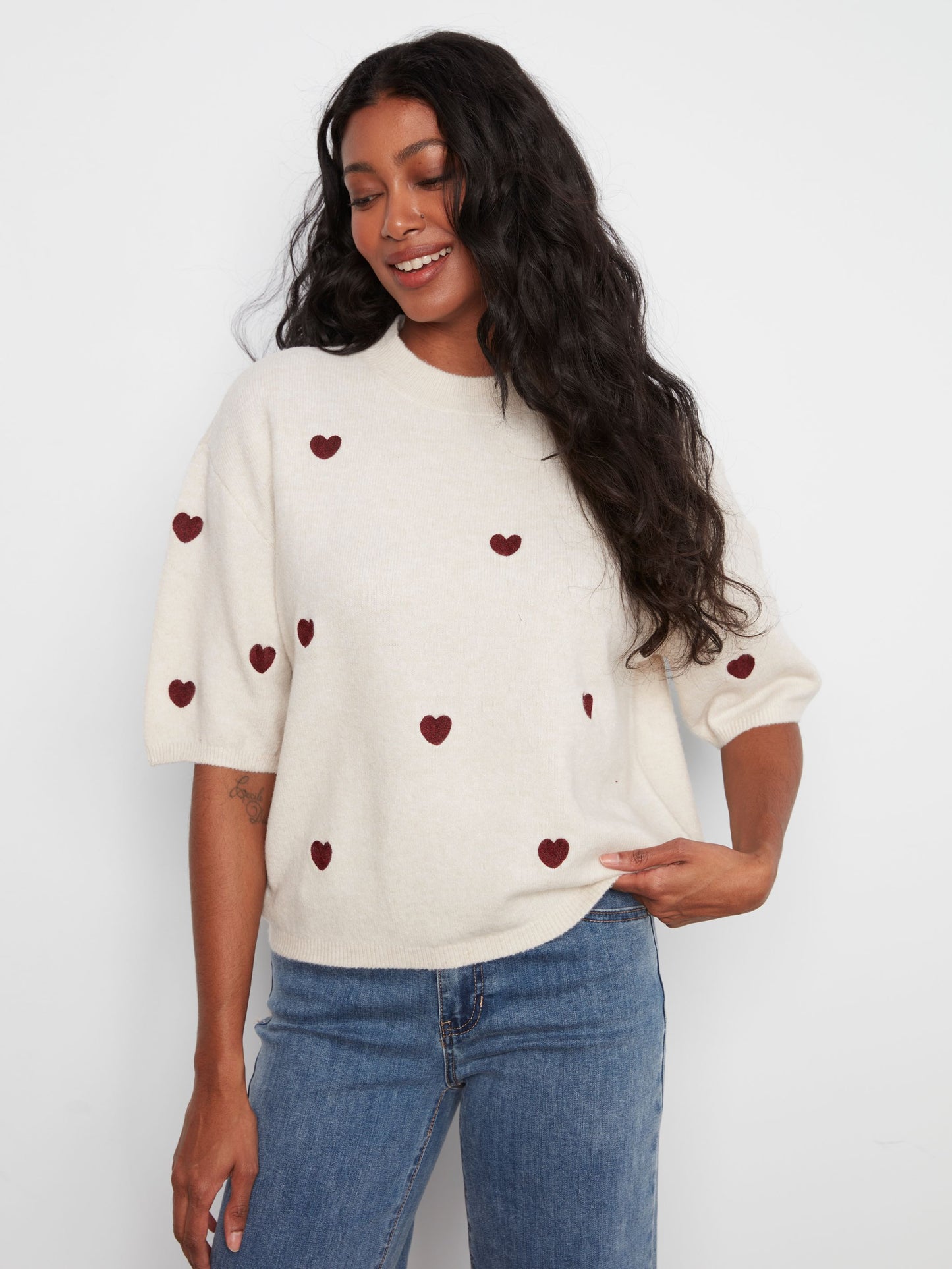 Elbow Sleeve Balloon Shape Sweater With Allover Embroidery C2858E/707C