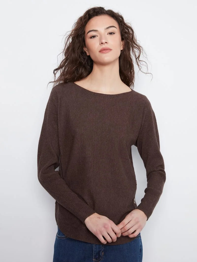 Charlie B Long Sleeve Drop Shoulder Boat Neck Sweater with Side Button C2871R
