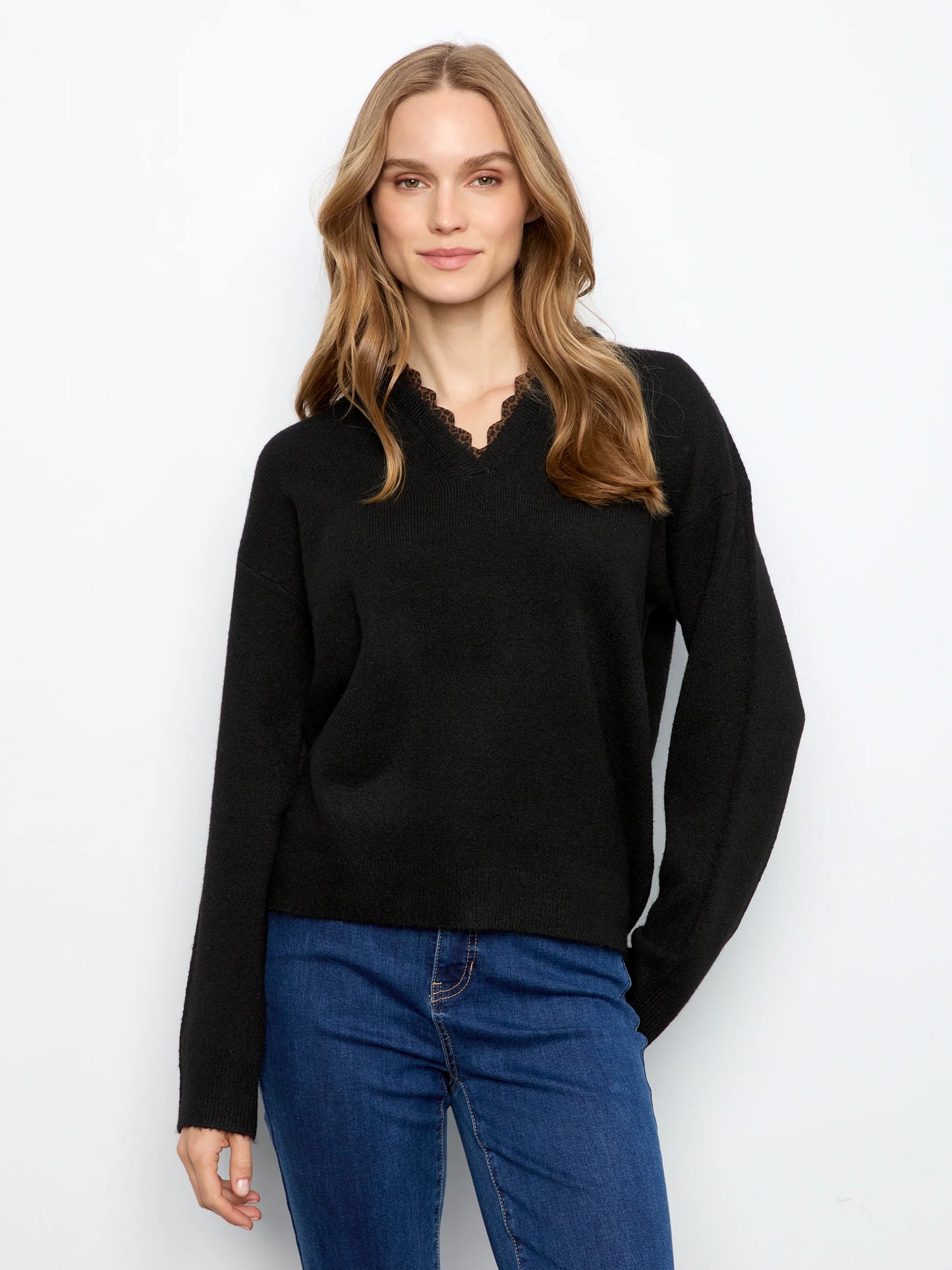 V-Neck Sweater With Woven Leopard Neck Trim C2081/635C BLACK