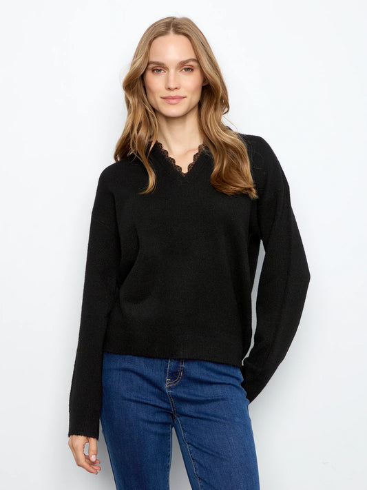 V-Neck Sweater With Woven Leopard Neck Trim C2081/635C BLACK