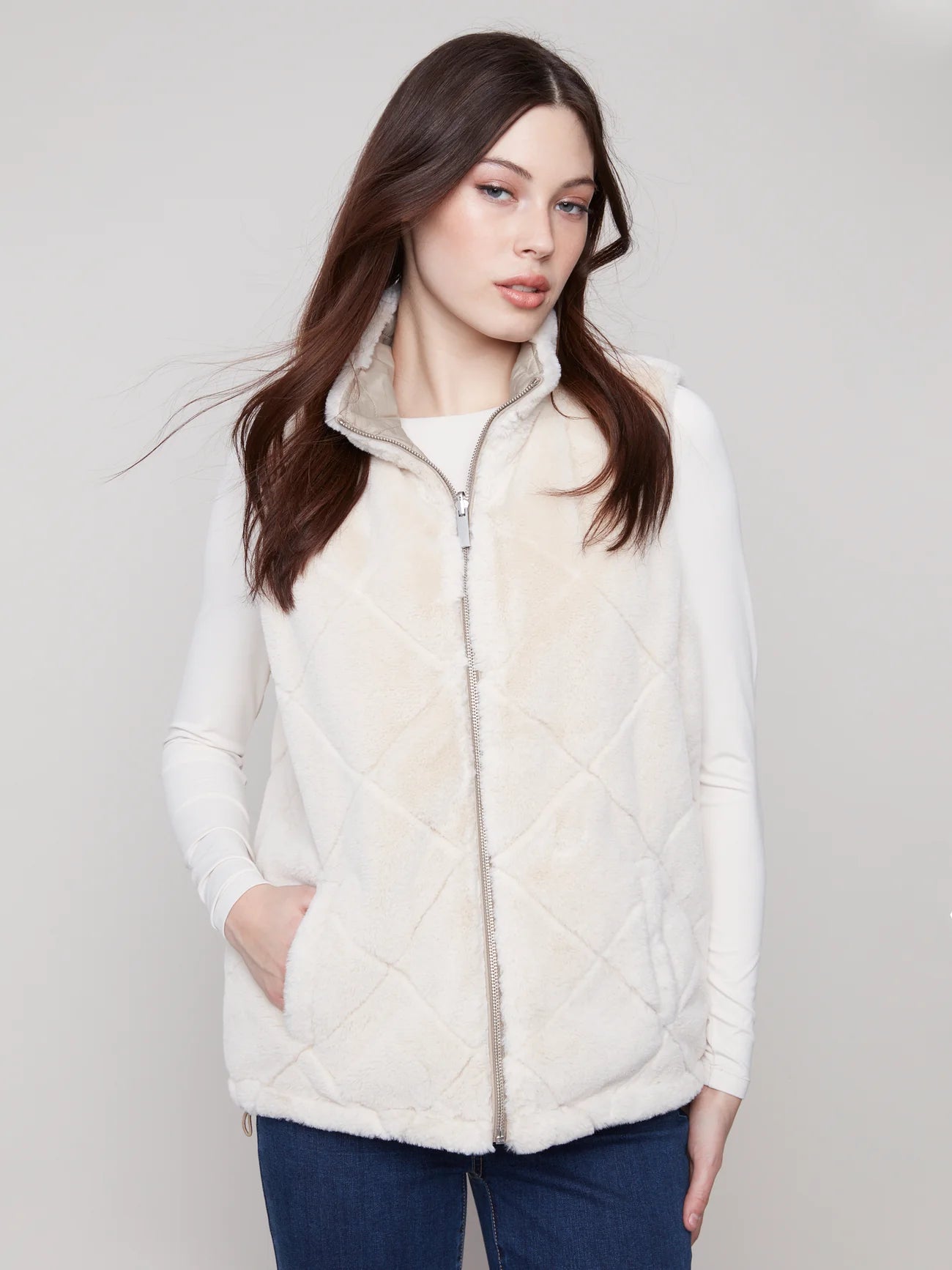 CHARLIE B C6374 SOLID REVERSIBLE QUILTED FAUX FUR NYLON VEST