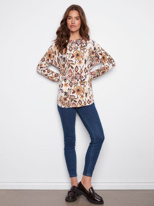 CHARLIE B C2818P PRINTED ROUND HEM SWEATER