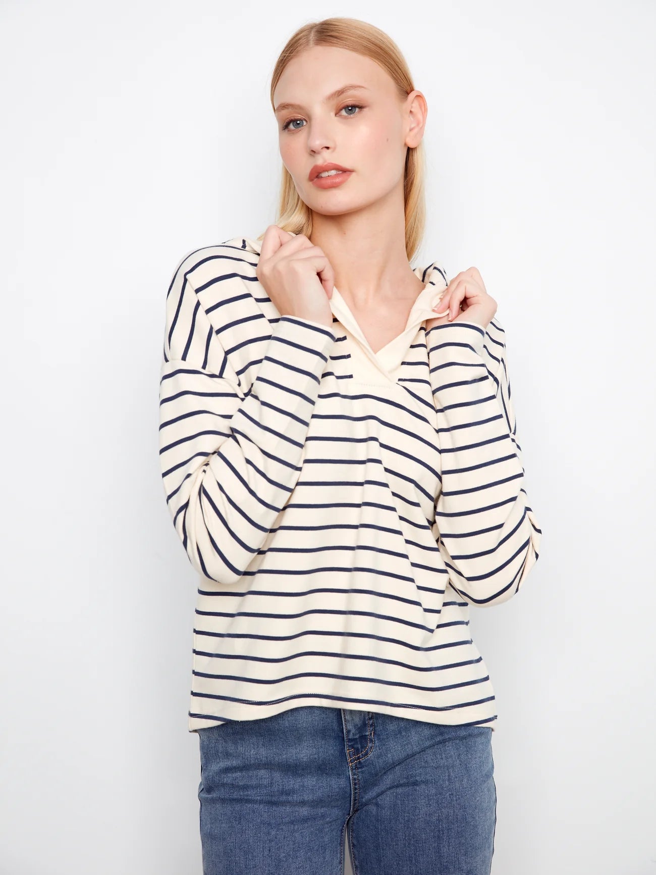 V Neck Striped Hoodie with high low hem C1351X-608C