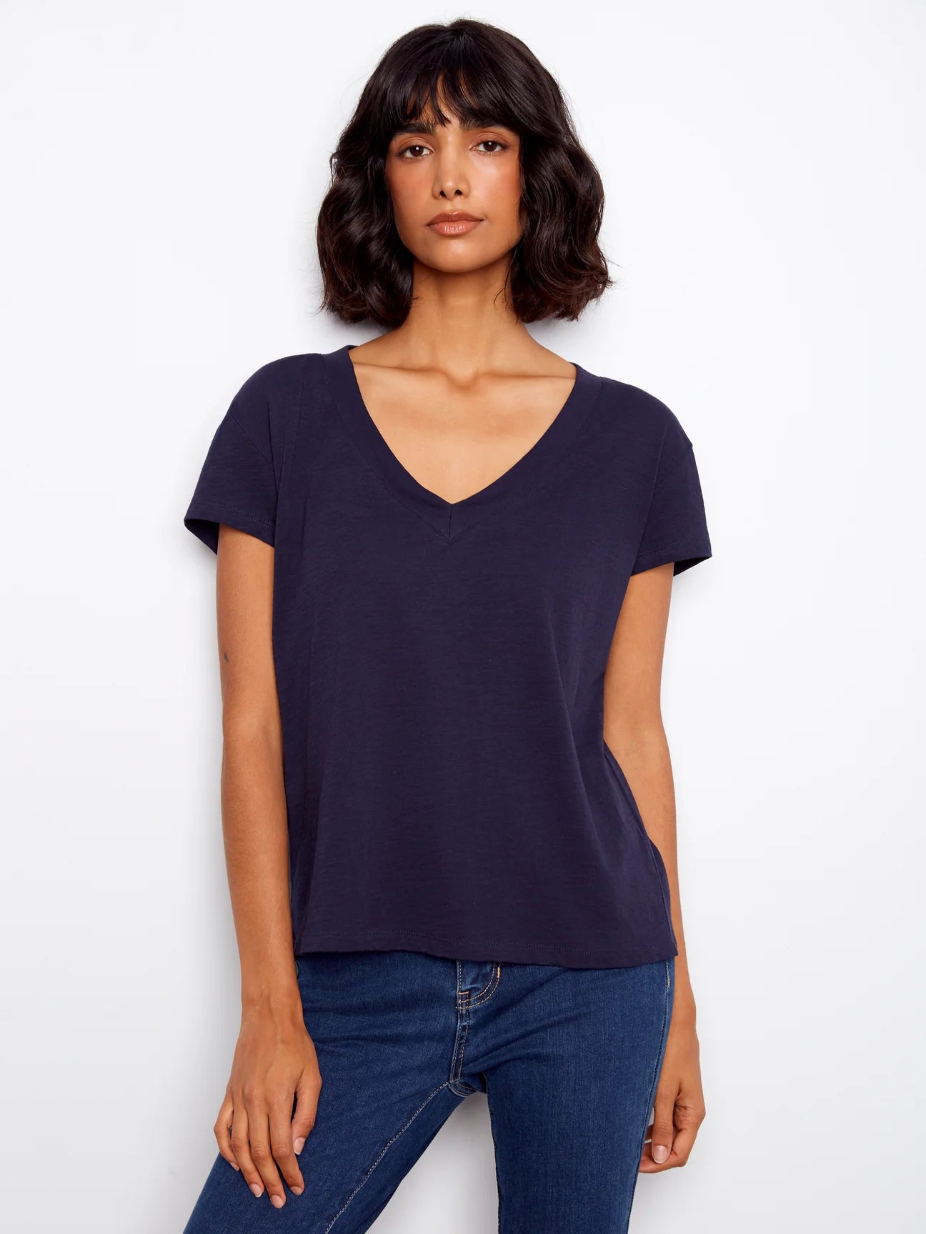 NAVY COTTON DROP SHOULDER V-NECK T-SHIRT C1428-463B