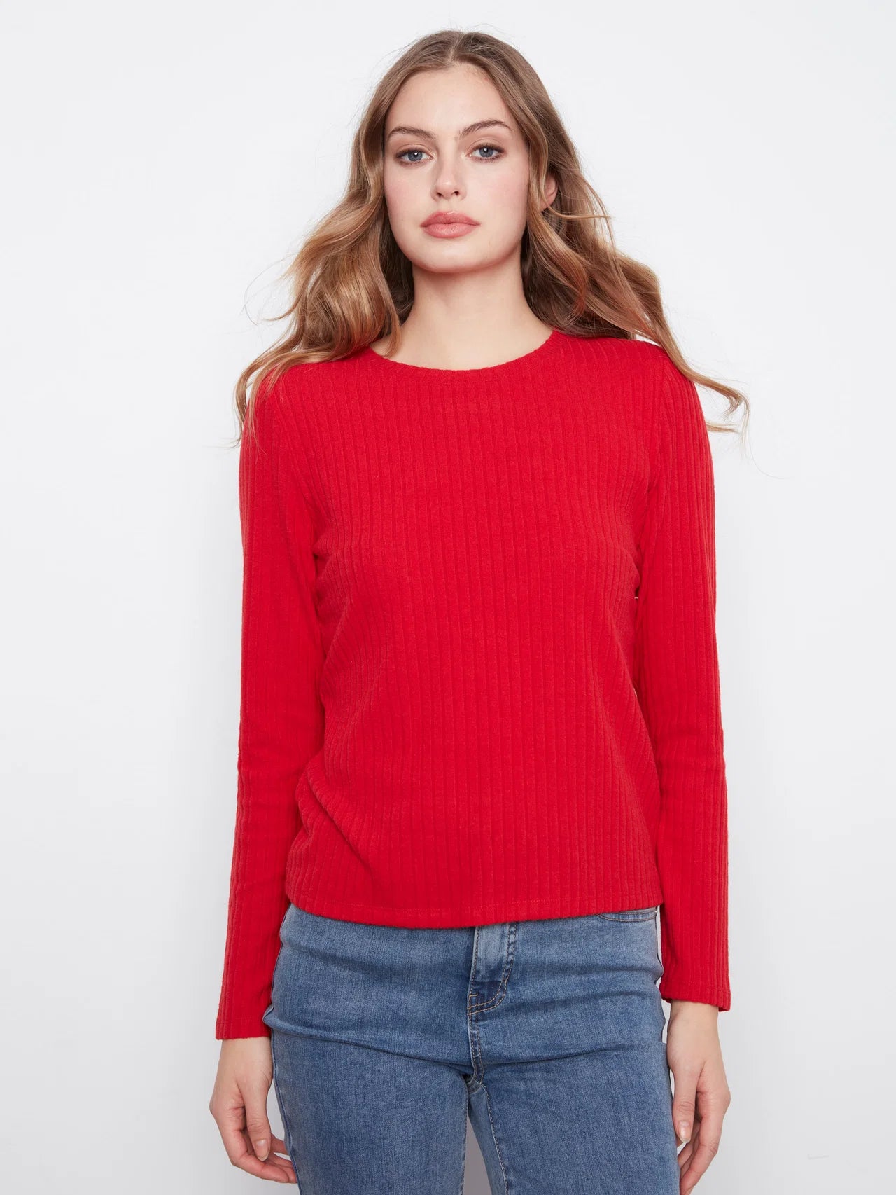 Brushed Ribbed Crew Neck Top C1467-700C RED