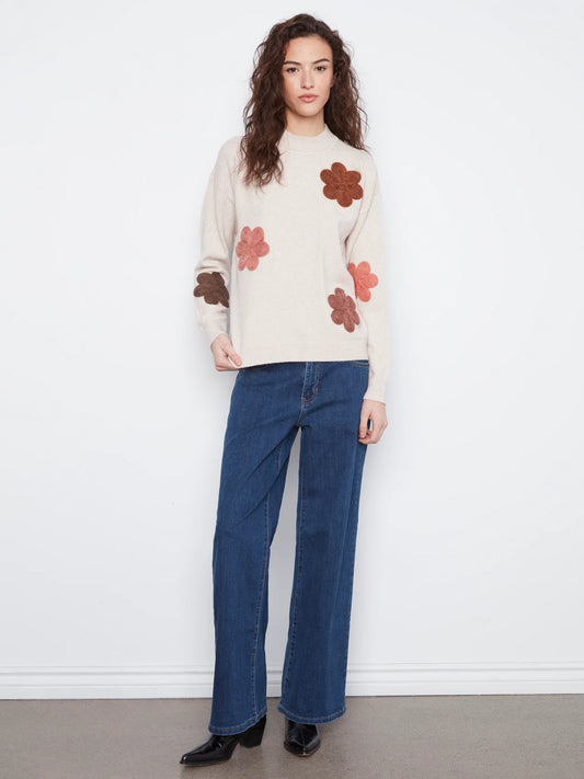 Long Sleeve Flower Applique Sweater C2012-736A ALMOND