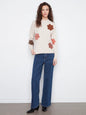 Long Sleeve Flower Applique Sweater C2012-736A ALMOND